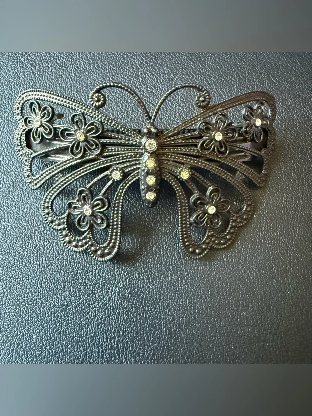 Y2K Silver Pewter Tone Hair Clip Metal Rhinestone Butterfly Floral Clip